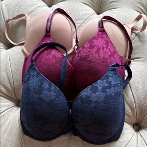 PINK Victoria's Secret Lace Bra Set 3 Pieces - Pink Burgundy and Blue